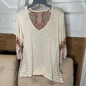 AL: Democracy Colorful Paisley Linen Blend Tunic Sz Large Tan Orange Red Stripes